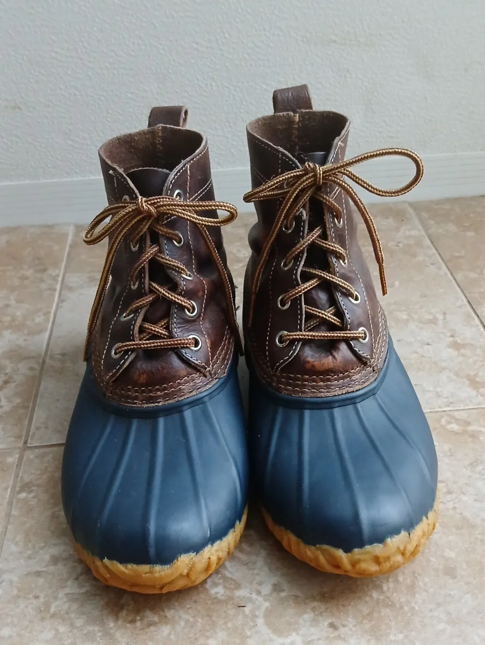 Eddie Bauer Brown Leather & Navy Rubber Duck Rain Chore Boots